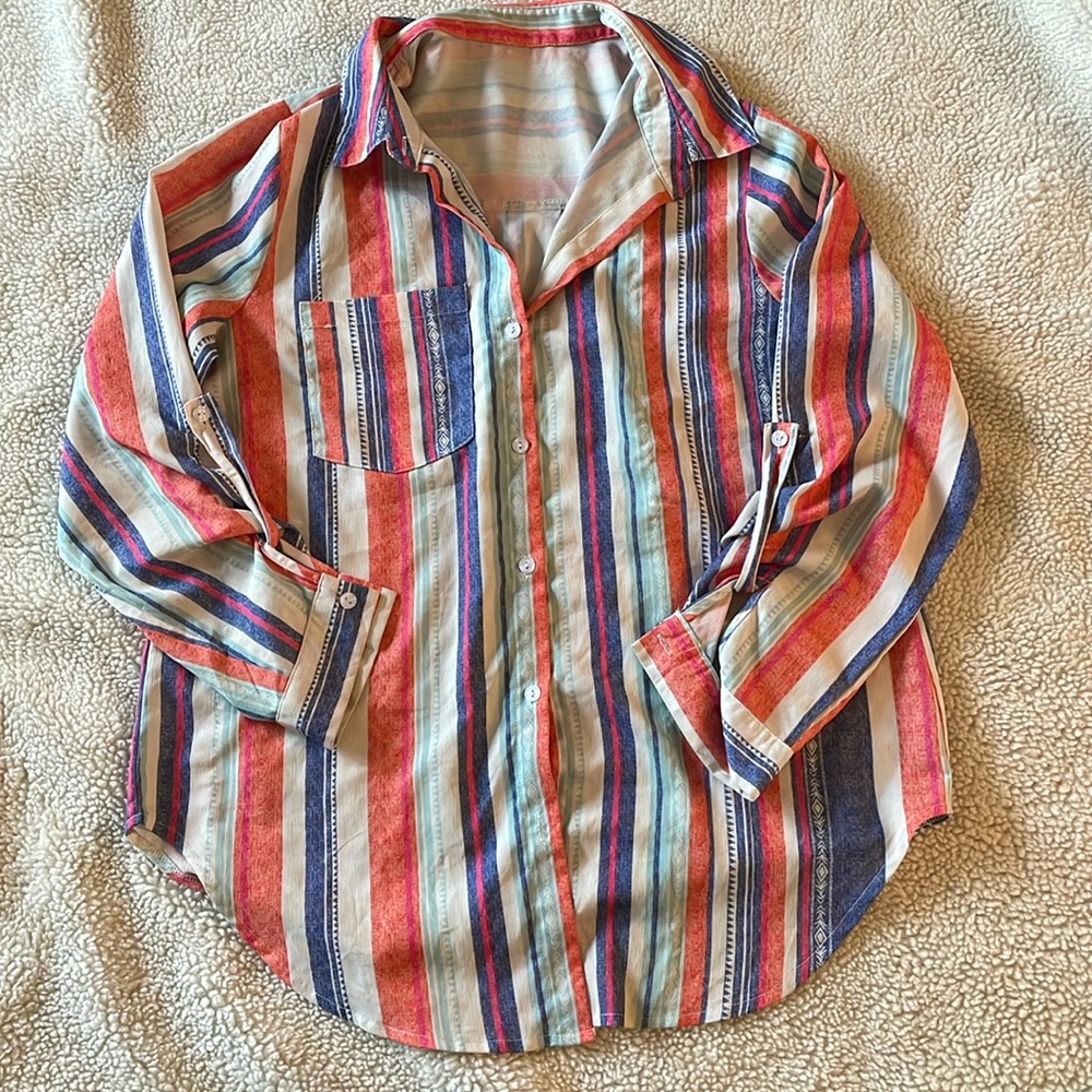 Astylish Women V Neck Striped Roll up Sleeve Button Down Blouse Tops